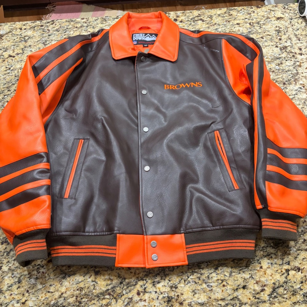 First Down NFL Cleveland Browns Faux Leather Varsity Jacket Men L Brown Orange v